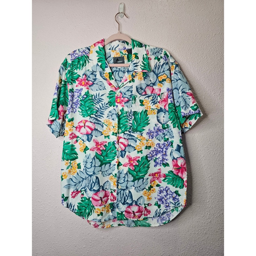 Lizwear Womens Floral Tropical Short Sleeve Rayon Button Shirt White Large Vtg